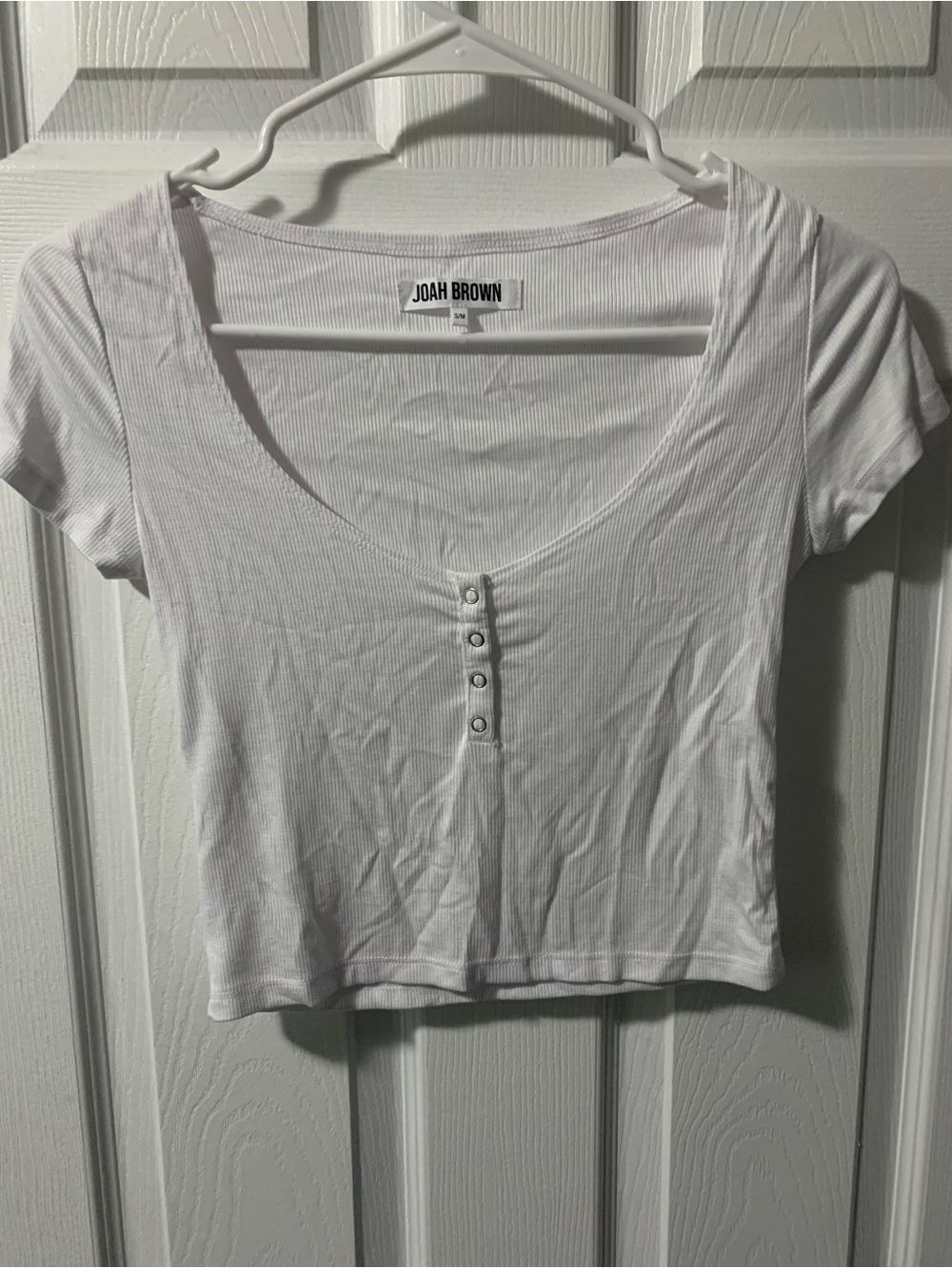 Joah Brown White Ribbed Henley Crop Top with Buttons
